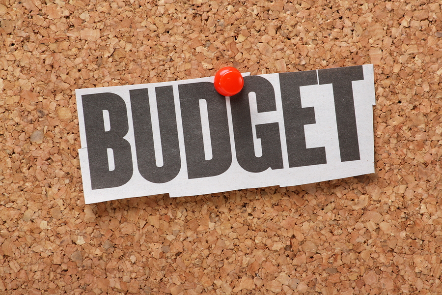 Newspaper clipping of the word Budget pinned to a cork notice board. Budget applies to balance the economy debt by government and by individuals managing their home finances.